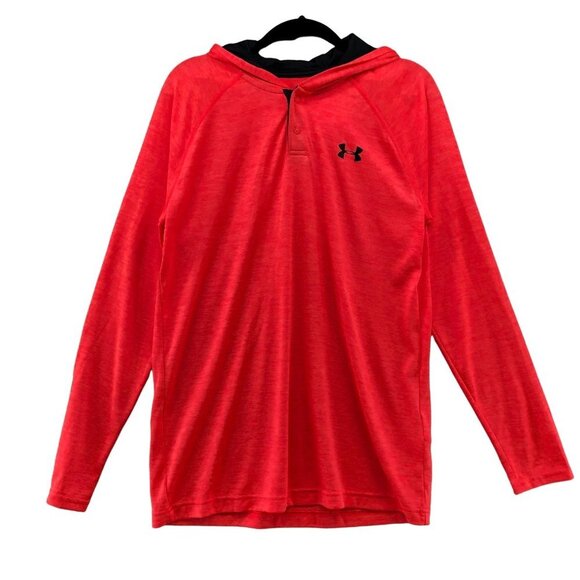 Under Armour Long Sleeve T-Shirt Mens S Hooded Red Henley Heatgear Loose - Picture 1 of 12